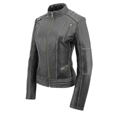 Milwaukee Leather MLL2526 Women's Laced Detail Distressed Grey Leather Jacket