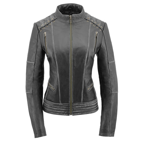 Milwaukee Leather MLL2526 Women's Laced Detail Distressed Grey Leather Jacket