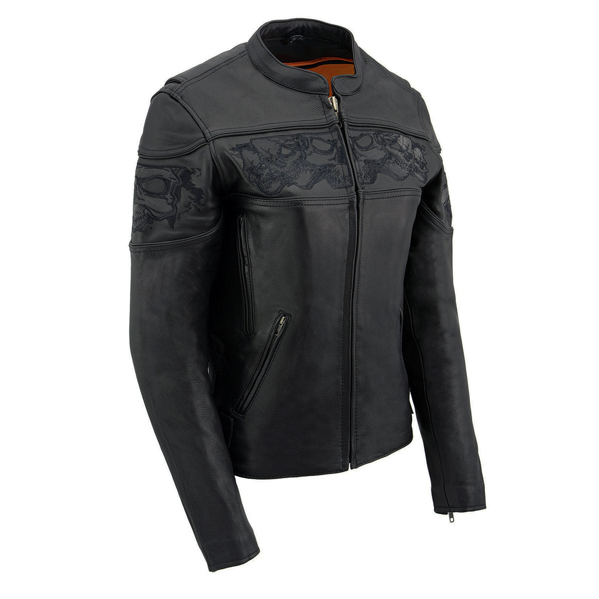 Milwaukee Leather MLL2540 Women's Crossover Black Leather Scooter Jacket w/ Reflective Skull Graphic