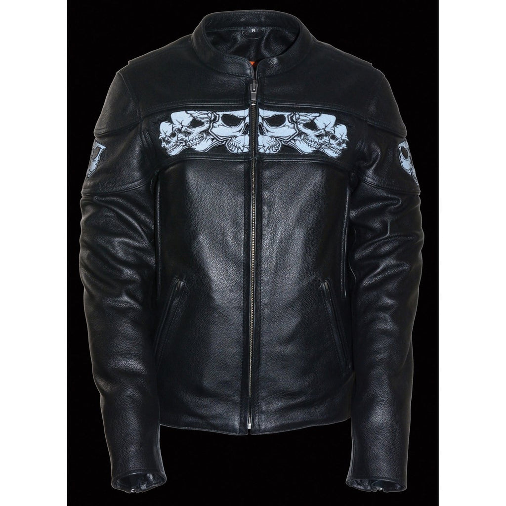 Milwaukee Leather MLL2540  Womens Crossover Black Leather Scooter Jacket Reflective Skull Graphic - N/A