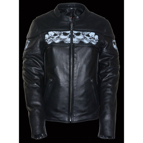 Milwaukee Leather MLL2540  Womens Crossover Black Leather Scooter Jacket Reflective Skull Graphic - N/A