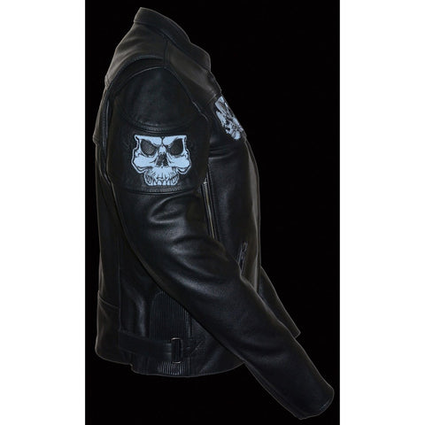 Milwaukee Leather MLL2540  Womens Crossover Black Leather Scooter Jacket Reflective Skull Graphic - N/A