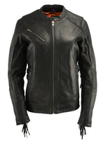 Milwaukee Leather MLL2565 Women's Lightweight Black Leather Racer Jacket with Fringe Detailing