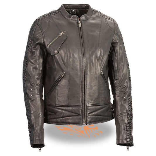 Milwaukee Leather MLL2571 Ladies Black Lightweight Leather Racer Jacket with Crinkled Arm Detailing - Milwaukee Leather Womens Jackets