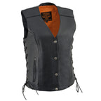 Milwaukee Leather MLL4500 Women's Classic Black Leather V-Neck Motorcycle Rider Vest w/ Side Laces