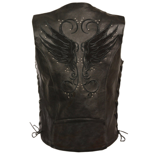 Milwaukee Leather MLL4505 Ladies Black Leather Vest with Stud and Wings Detailing - Milwaukee Leather Womens Leather Vests