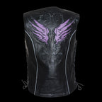 Milwaukee Leather MLL4505 Women's Black Leather Side Lace Motorcycle Rider Vest-Reflective and Studded Purple Wings