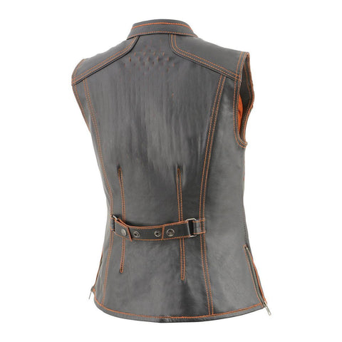 Milwaukee Leather MLL4507 Women's 'Laser Cut' Distressed Black and Orange Scuba Style Vest