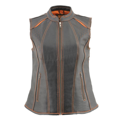 Milwaukee Leather MLL4507 Women's 'Laser Cut' Distressed Black and Orange Scuba Style Vest