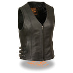 Milwaukee Leather MLL4510 Ladies Black Leather V-Neck Vest With Side Buckles - Milwaukee Leather Womens Leather Vests