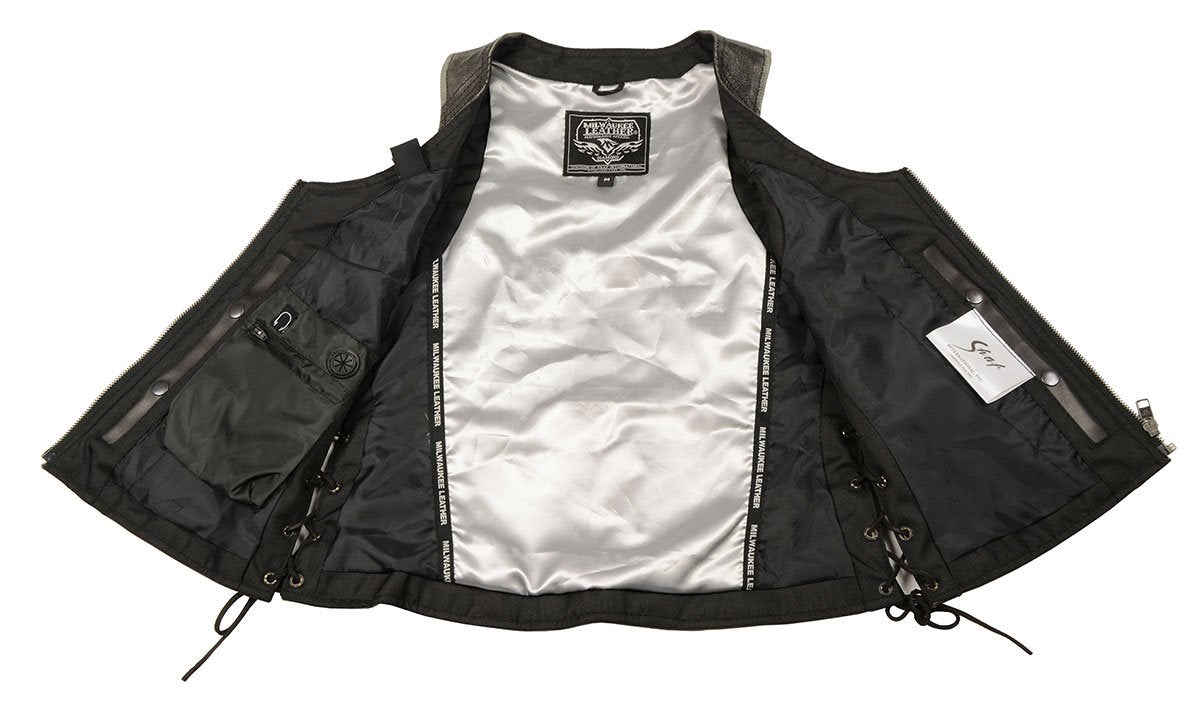 Milwaukee Leather MLL4531 Brown Women's Open Neck Side Lace Front Zipper Leather Vest with Gun Pockets - Milwaukee Leather Womens Leather Vests