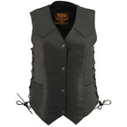 Milwaukee Leather MLL4546 Women's Black Premium Leather Lightweight V-Neck Motorcycle Rider Vest w/ Side Laces