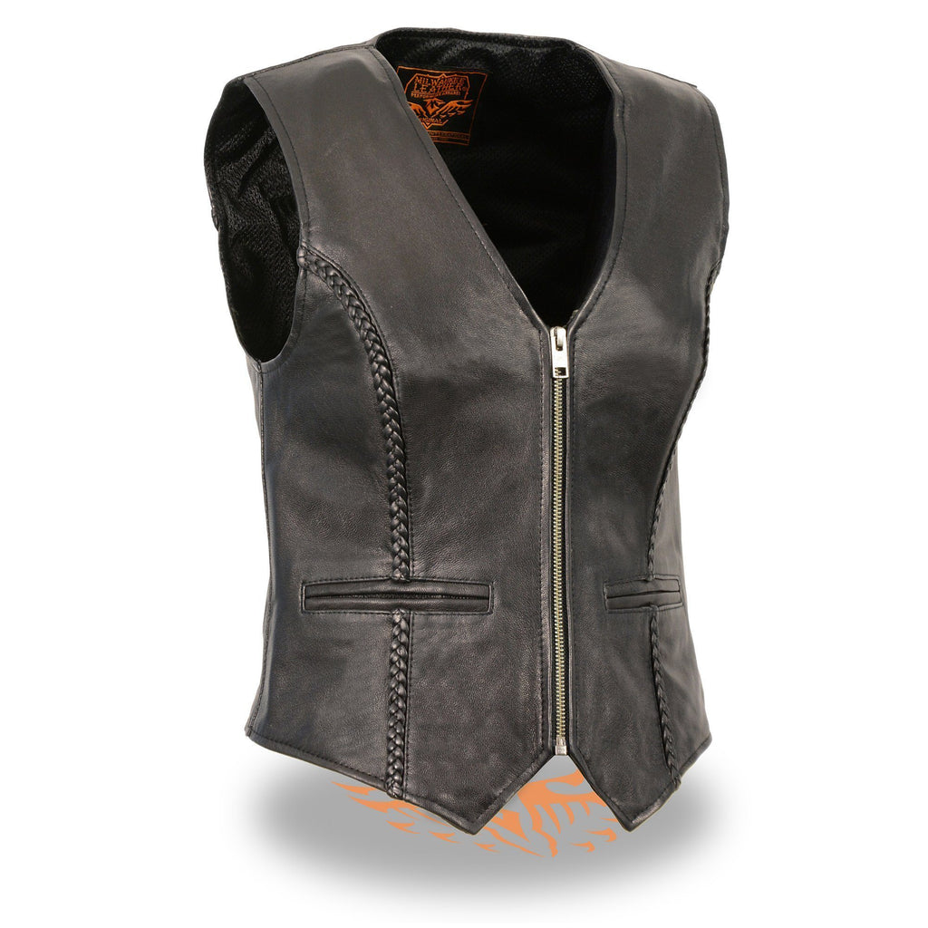 Milwaukee Leather MLL4550 Ladies Black Braided Lightweight Leather Vest with Zipper Closure - Milwaukee Leather Womens Leather Vests