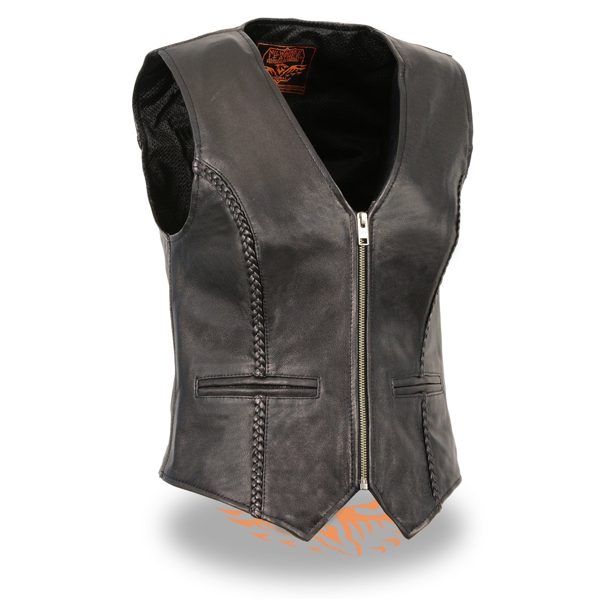 Milwaukee Leather MLL4550 Ladies Black Braided Lightweight Leather Vest with Zipper Closure - Milwaukee Leather Womens Leather Vests