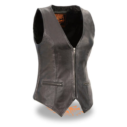 Milwaukee Leather MLL4555 Ladies Black Leather Side Stretch Vest with Zipper Closure - Milwaukee Leather Womens Leather Vests