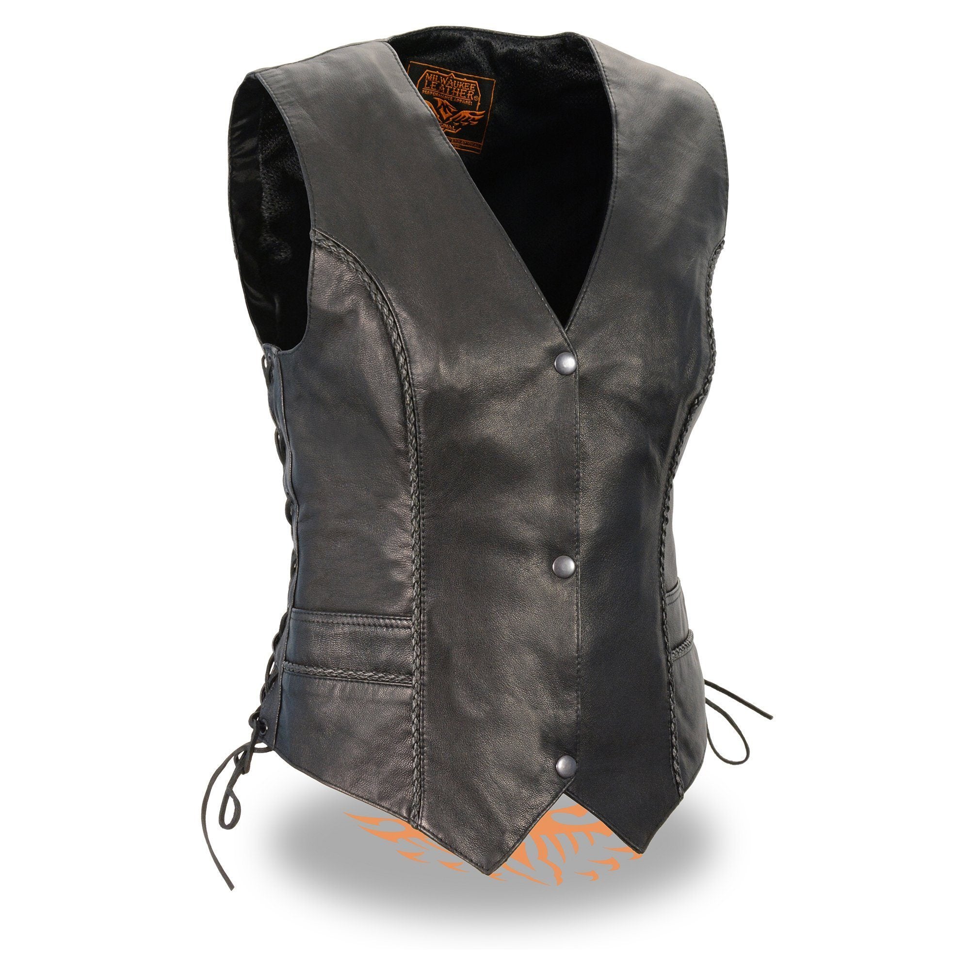 Milwaukee Leather MLL4560 Ladies Black Braided Leather Vest with Side Laces - Milwaukee Leather Womens Leather Vests