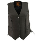 Milwaukee Leather MLL4560 Women's Black Premium Leather Classic Braided Side Lace Deep V-Neck Motorcycle Rider Vest