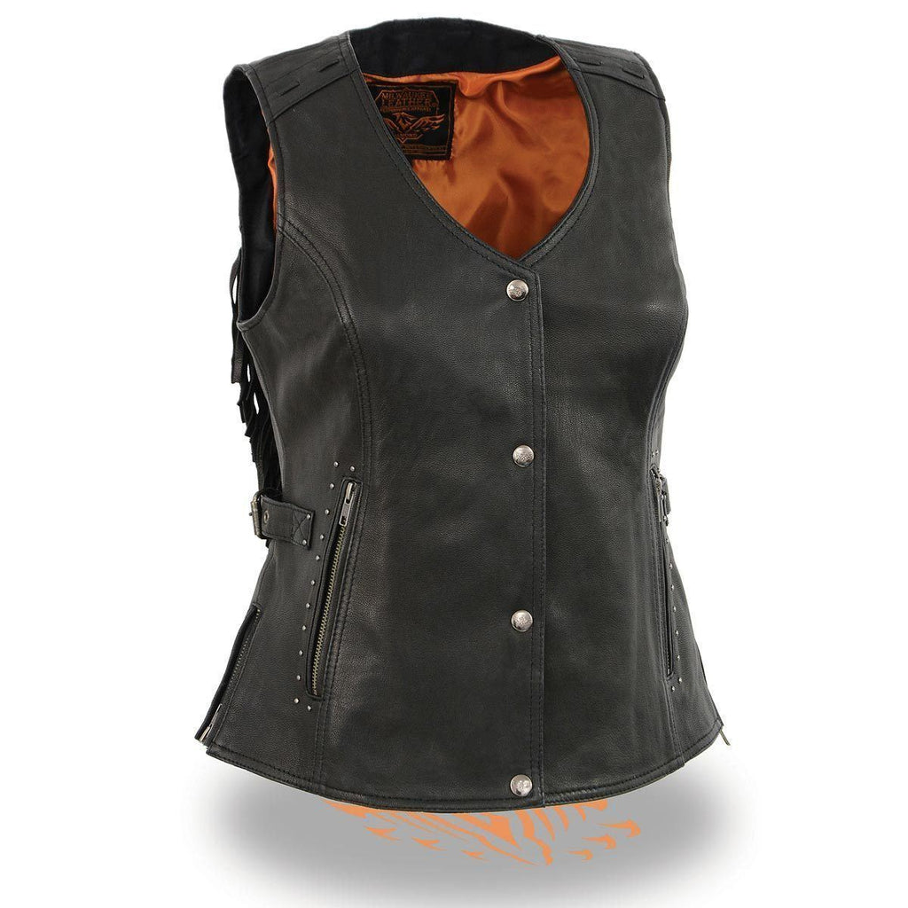 Milwaukee Leather MLL4565 Women's Black Fringed Leather Vest with Gun Pockets - Milwaukee Leather Womens Leather Vests