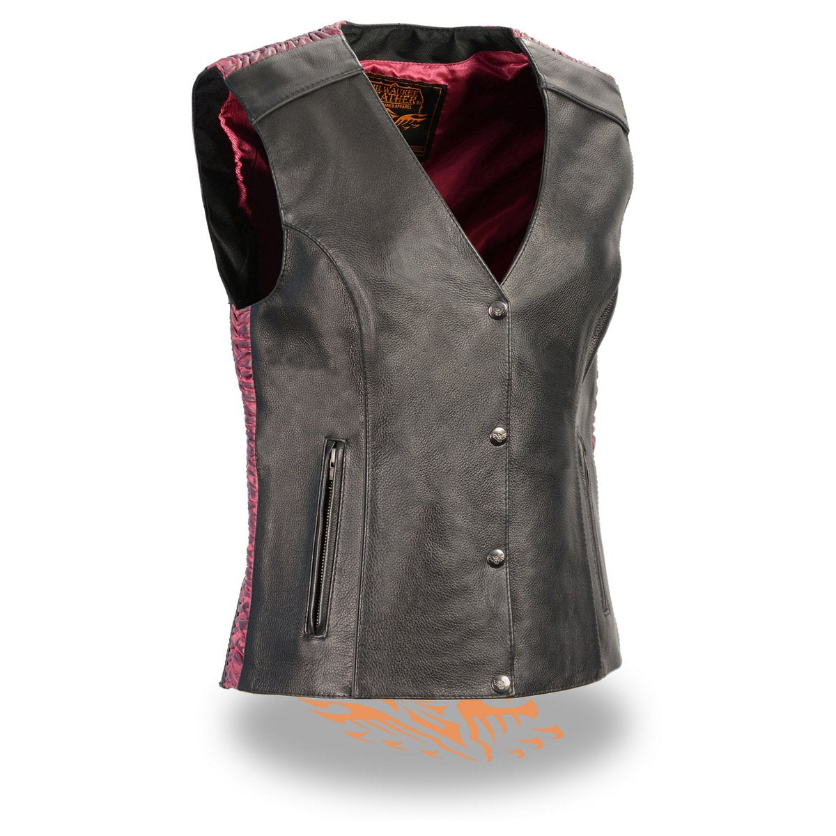Milwaukee Leather MLL4570 Ladies 'Studded Phoenix' Black and Fuchsia Leather Vest - Milwaukee Leather Womens Leather Vests