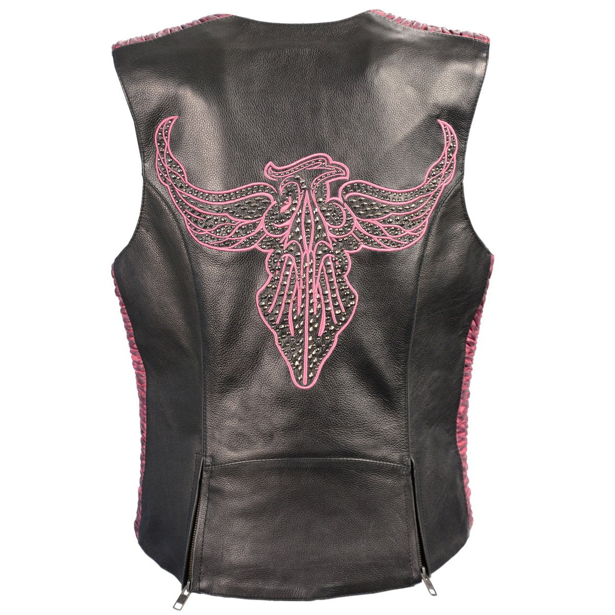 Milwaukee Leather MLL4570 Ladies 'Studded Phoenix' Black and Fuchsia Leather Vest - Milwaukee Leather Womens Leather Vests