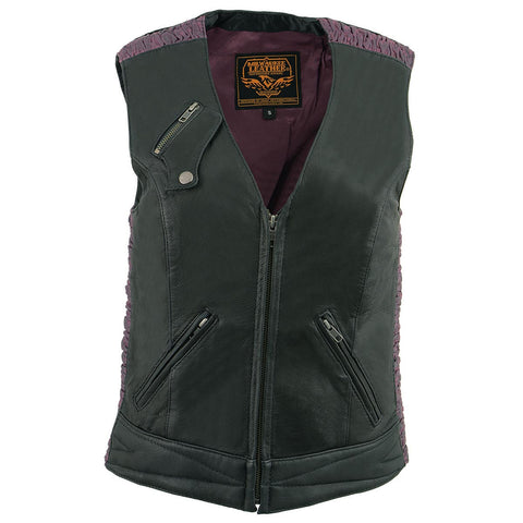 Milwaukee Leather MLL4571 Women's Black and Pink Lightweight Motorcycle Leather Vest w/ Crinkled Leather Design