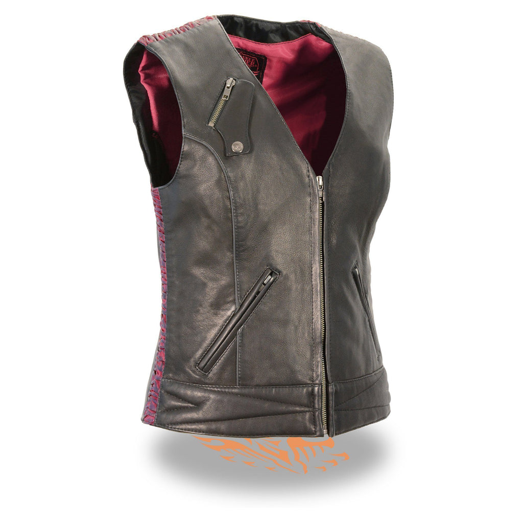 Milwaukee Leather MLL4571 Ladies 'Crinkled' Black and Pink Lightweight Leather Vest - Milwaukee Leather Womens Leather Vests