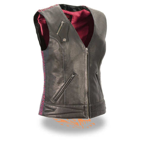 Milwaukee Leather MLL4571 Ladies 'Crinkled' Black and Purple Lightweight Leather Vest - Milwaukee Leather Womens Leather Vests