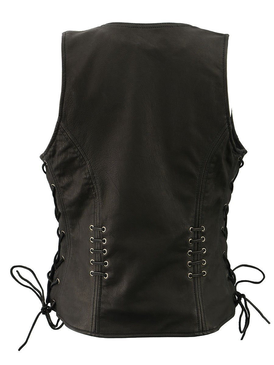 Milwaukee Leather Women's Classic V-Neck Black Leather Motorcycle Rider Vest w/ Adjustable Side Laces MLL4575