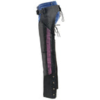 Milwaukee Leather Chaps for Women Black Lightweight Goat Skin- Crinkled Stripes Reflective Motorcycle Chap- MLL6501