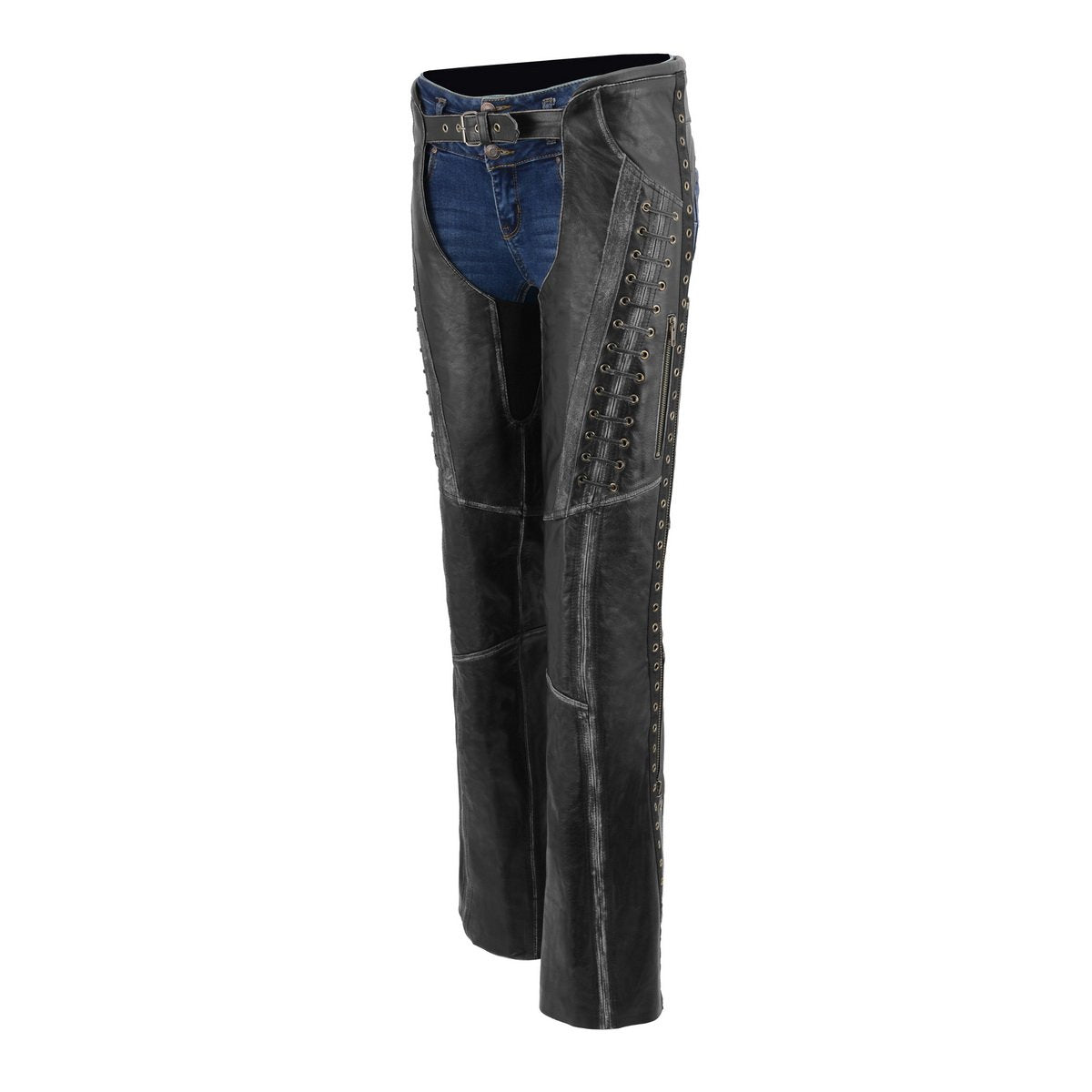 Milwaukee Leather MLL6526 Women 'Laced' Distressed Black Leather Chaps - Milwaukee Leather Womens Leather Chaps