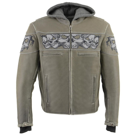 Milwaukee Leather MLM1562 Men's Distress Grey Leather Jacket with Reflective Skulls