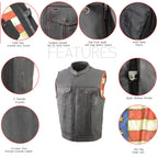 Milwaukee Leather MLM3506 Men's Black Premium Leather Vest - Old Glory Laced Armholes Red Stitching Club Style Vest