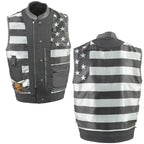 Milwaukee Leather MLM3507 Men’s ‘Old Glory’ Black Leather with Grey Stitching Vest and Laced Arm Holes