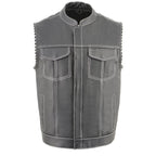 Milwaukee Leather MLM3509 Men's Black Premium Leather Vest - Old Glory Laced Armholes White Stitching Club Style Vest