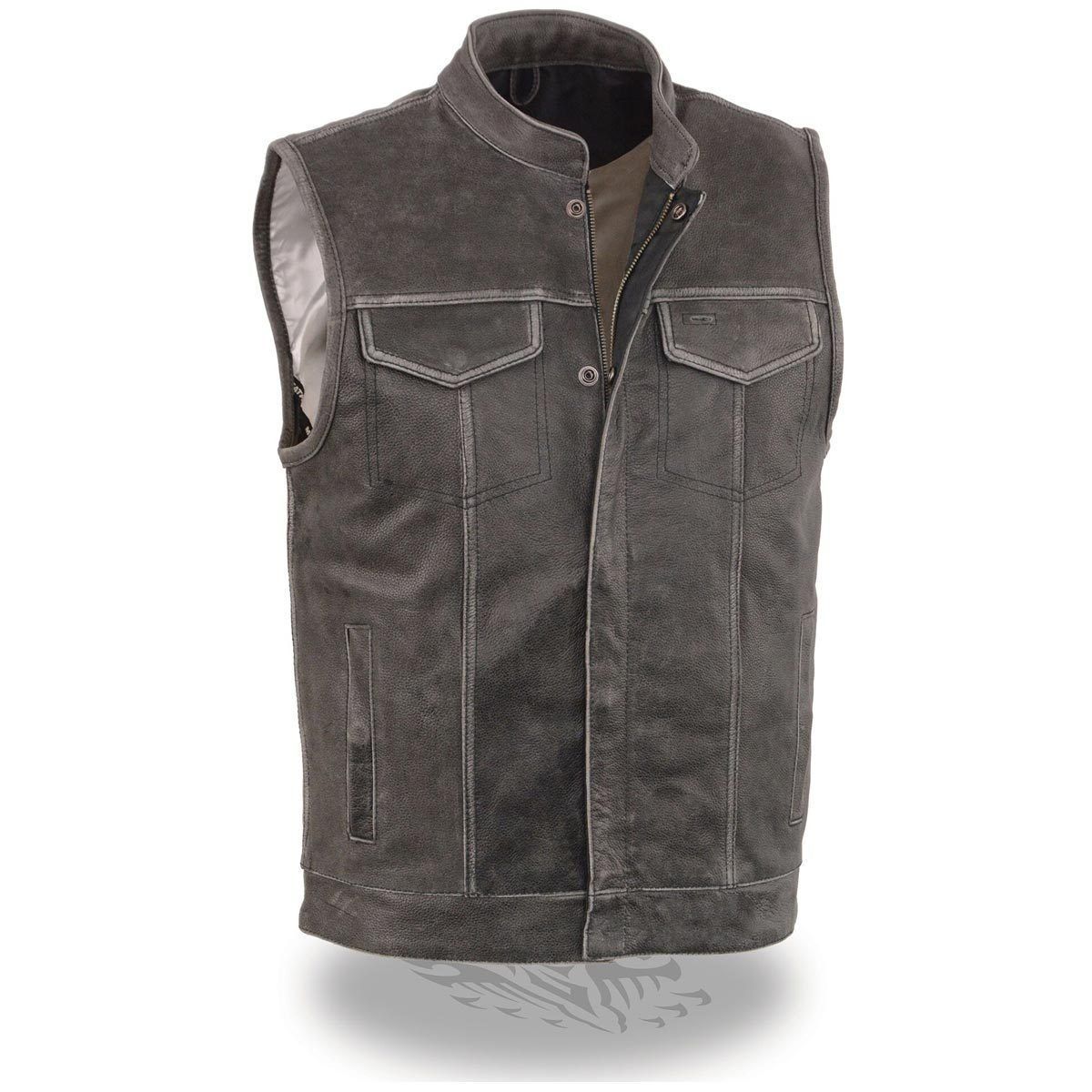 Milwaukee Leather MLM3513 Distressed Grey  Men's Open Neck Snap/Zip Front Club Style  Leather Vest - N/A