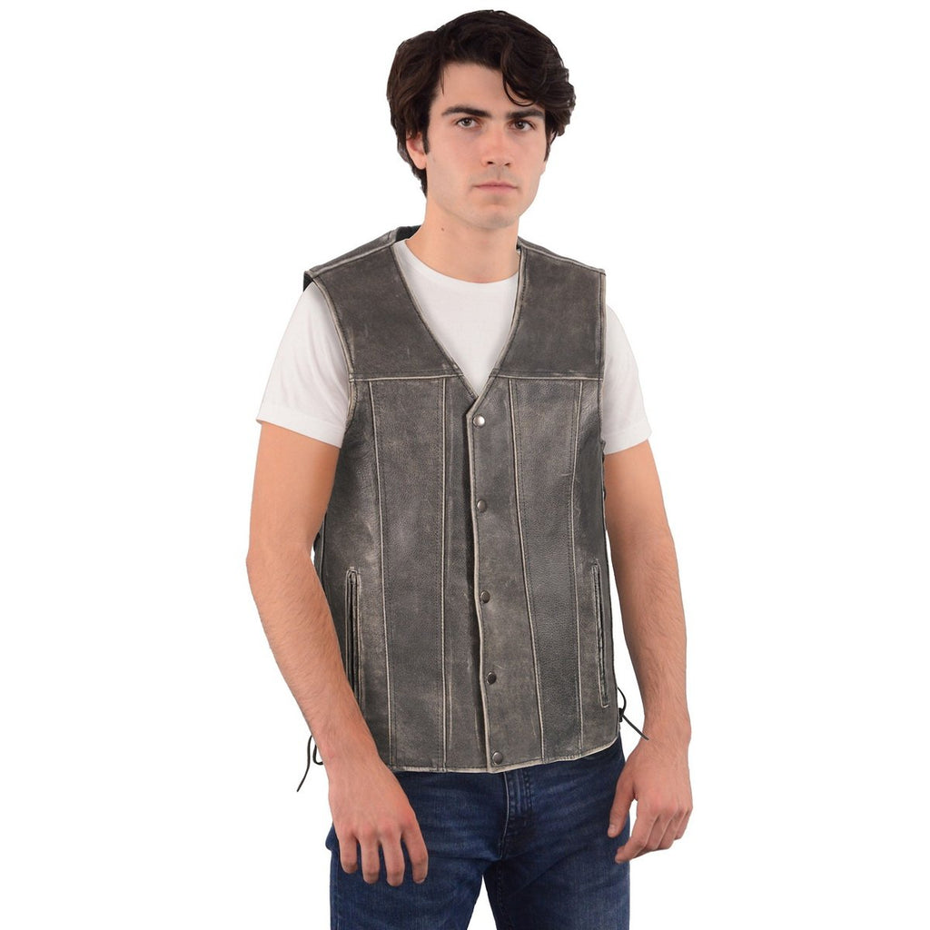 Milwaukee Leather MLM3521 Men's Distressed Gray Side Lace Leather Vest with Gun Pockets - Milwaukee Leather Mens Leather Vests