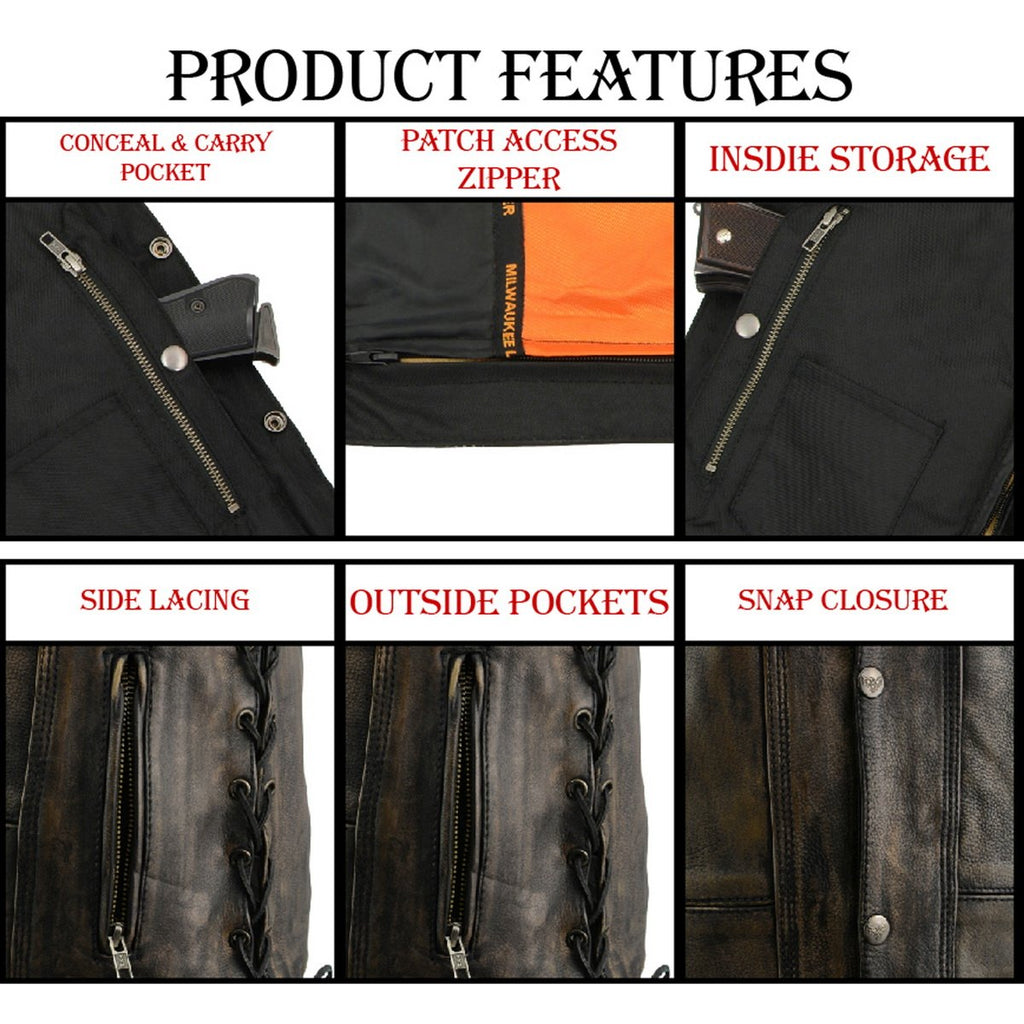 Milwaukee Leather MLM3540 Men's Distressed Brown 10 Pocket Leather Vest with Gun Pockets - Milwaukee Leather Mens Leather Vests