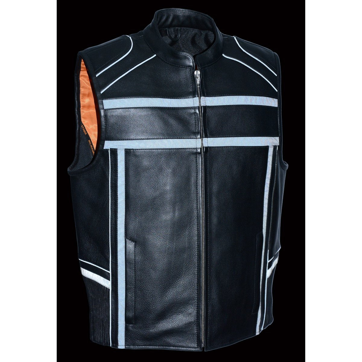 Milwaukee Leather MLM3560 Men's Black Leather Vest with Reflective Piping and Gun Pockets - Milwaukee Leather Mens Leather Vests