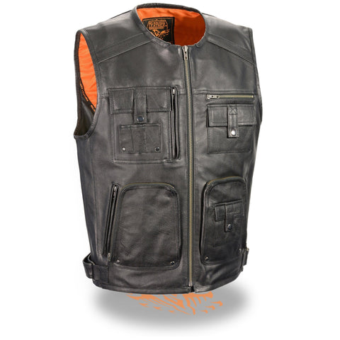 Milwaukee Leather MLM3580 Men's Black Leather Zipper Front Super Utility Multi Pocket Vest - Milwaukee Leather Mens Leather Vests