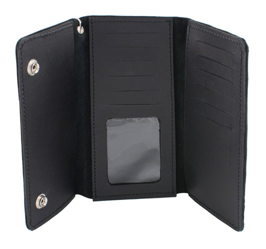 Milwaukee Leather MLW7865 Men's Black Soft Naked Cowhide Tri Fold Long Wallet with Steel Chain