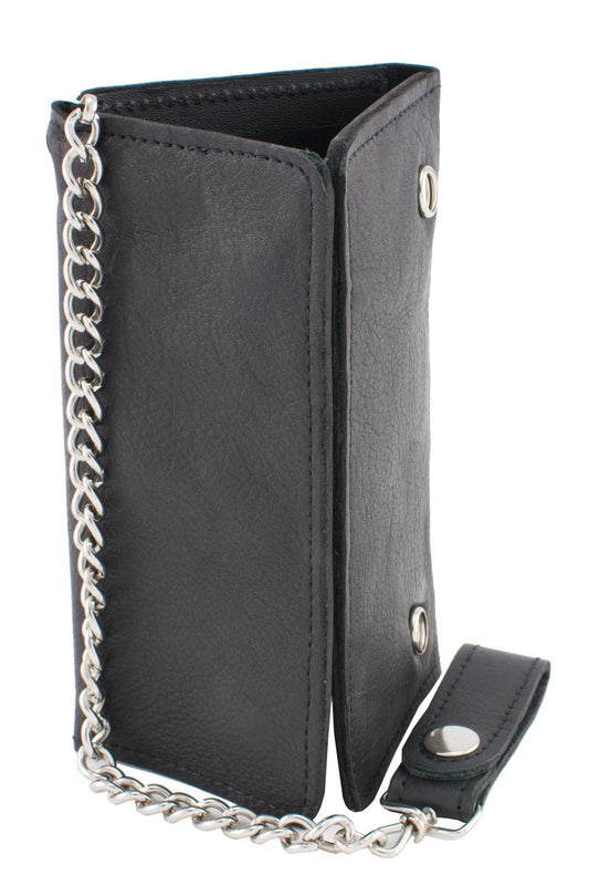 Milwaukee Leather MLW7865 Men's 7" Black Soft Premium Cowhide Leather Tri Fold Wallet w/ Anti-Theft Stainless Steel Chain