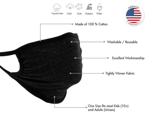 Xelement XS8003 'Black and Grey' USA Made 100 % Cotton Protective Face Mask with Optional Filter Pocket