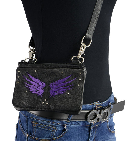 Milwaukee Leather MP8850 Ladies Leather 'Winged' Black and Purple Multi Pocket Belt Bag with Gun Holster