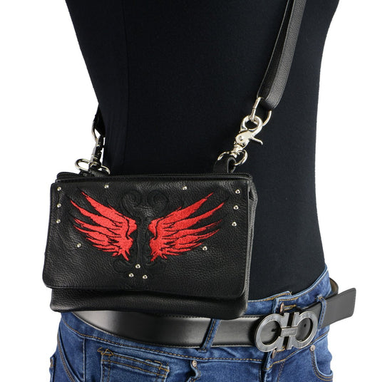 Milwaukee Leather MP8850 Ladies 'Winged' Leather Black and Red Multi Pocket Belt Bag with Gun Holster