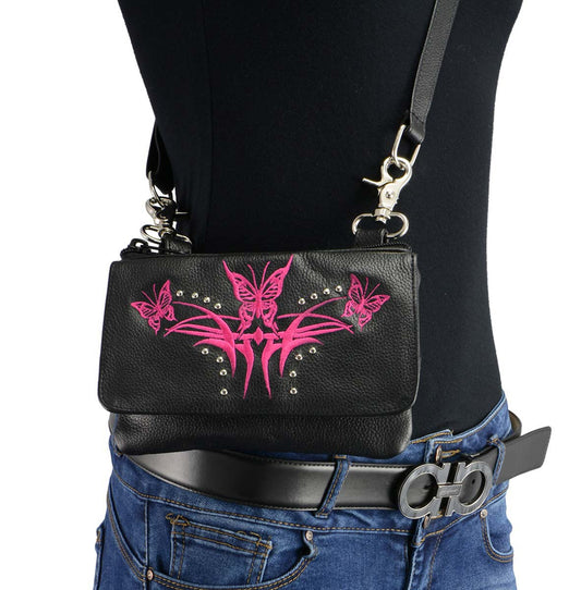 Milwaukee Leather MP8851 Women's Black and Pink Leather Multi Pocket Belt Bag with Gun Holster