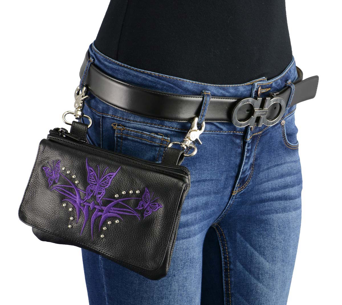 Milwaukee Leather MP8851 Women's Black and Purple Leather Multi Pocket Belt Bag with Gun Holster