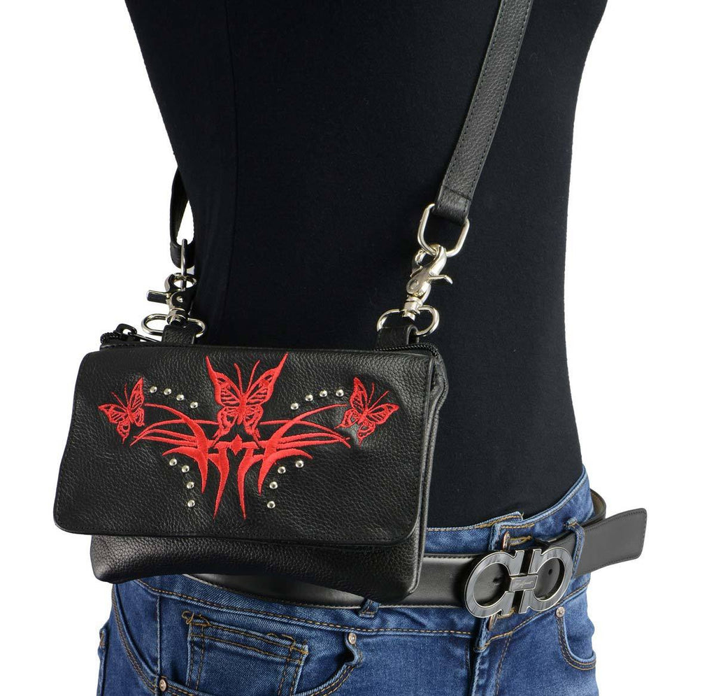 Milwaukee Leather MP8851 Women's Black and Red Leather Multi Pocket Belt Bag with Gun Holster