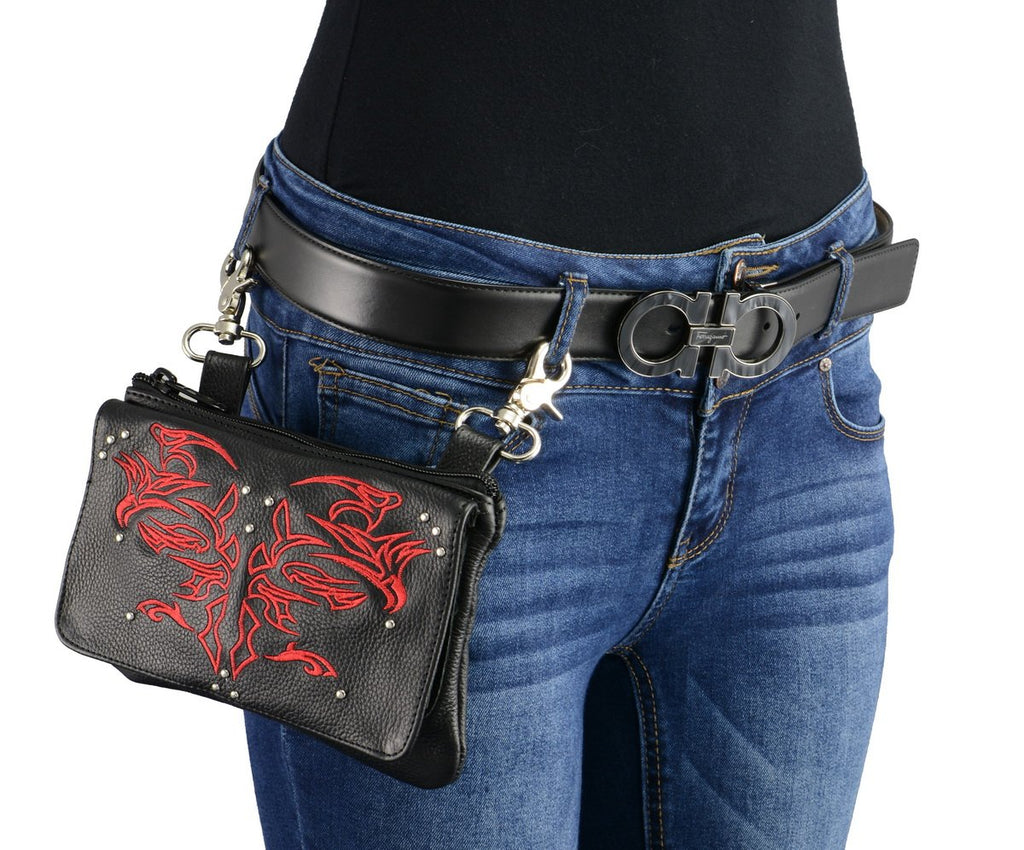 Milwaukee Leather MP8852 Women's Black and Red Leather Multi Pocket Belt Bag with Gun Holster