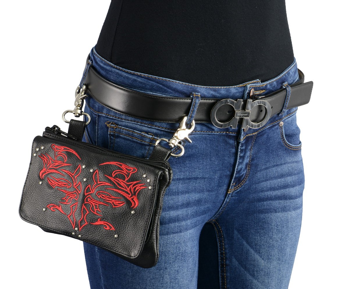 Milwaukee Leather MP8852 Women's Black and Red Leather Multi Pocket Belt Bag with Gun Holster
