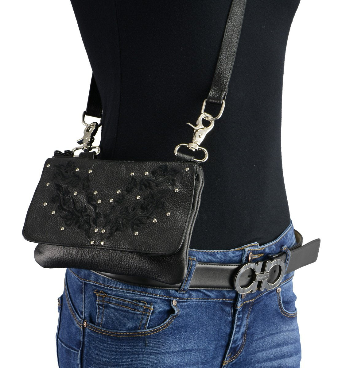 Milwaukee Leather MP8853 Women's 'Flower' Black Leather Multi Pocket Belt Bag with Gun Holster